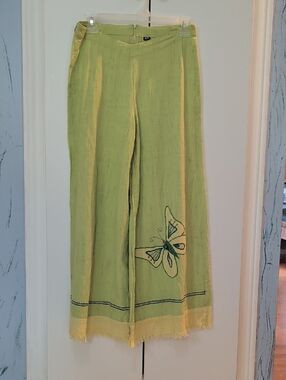Wide Leg Embroidered Butterfly Pants - Lime Green